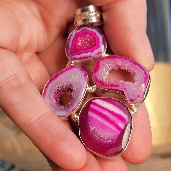 Raw Pink Geode Pendant – Vibrant Crystal Slice + 20" Sterling Silver Chain - Picture 8 of 10